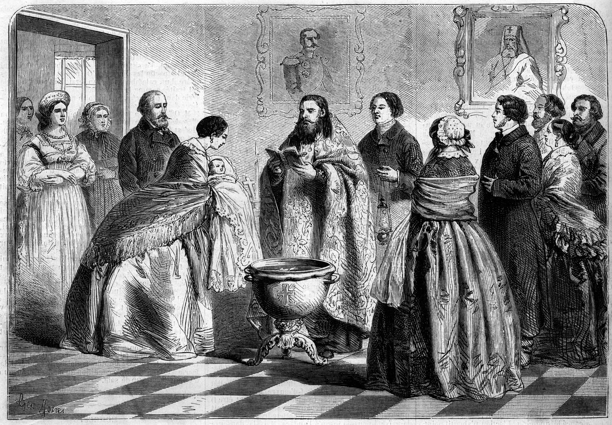Ortodokse ritualer - dåb: dåbsceremoni, ifølge den græske rite, i det øvre russiske samfund i 1858. Barnet er til stede for paven af sin gudmor, inden det bliver nedsænket i dåbshuset. Indgravering i "" Le Monde Illustré"" nr. 81 af 30. oktober af French School