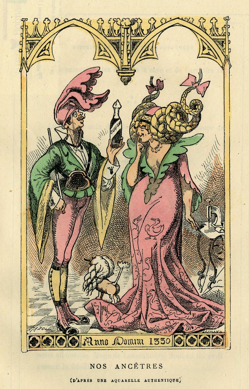 Vores Ancetres, karikatur efter en akvarel fra 1330. I "Histoire de France Tintamarresque" af Touchatout, Paris af French School