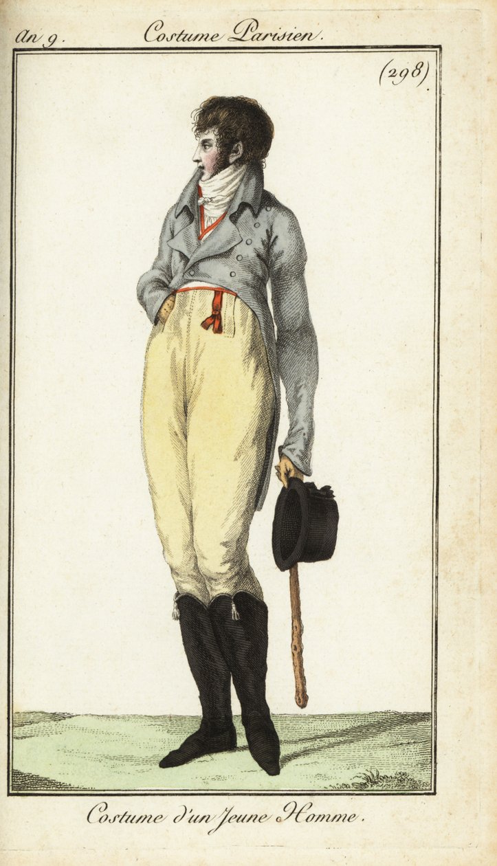 Outfit af en ung mand eller Incroyable, maj 1801 (håndfarvet kobberstik) af French School