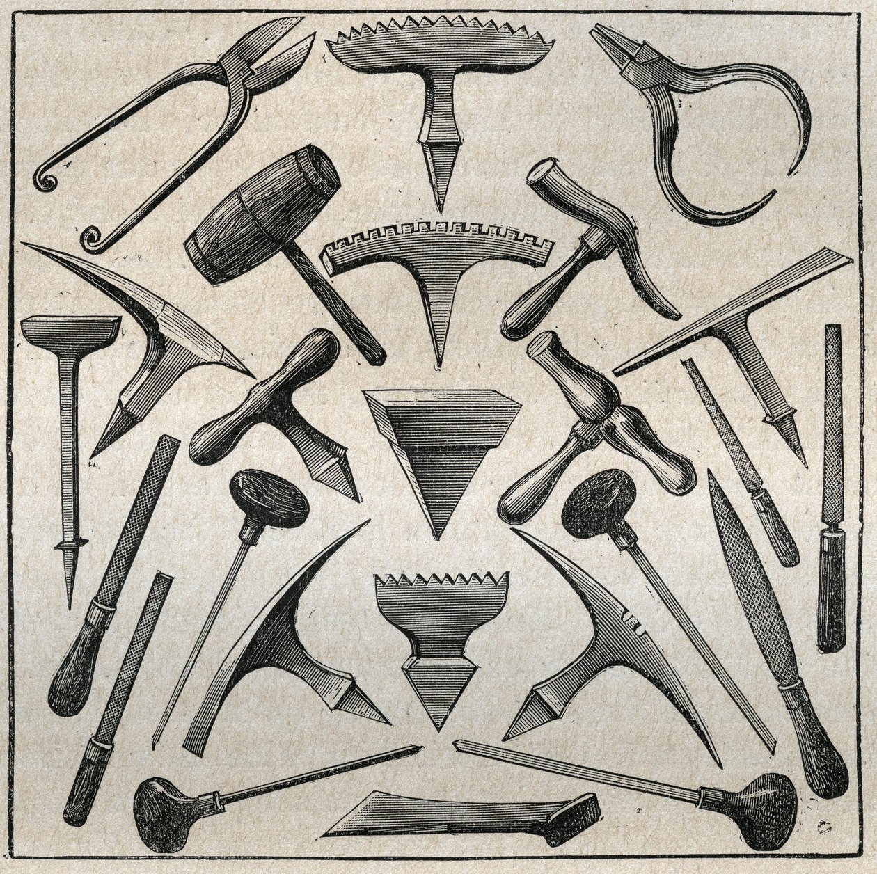 Golfevre værktøjer. Indgravering fra 1885 i "" Les arts et professions illustrés"" af Adolphe BITARD. af French School