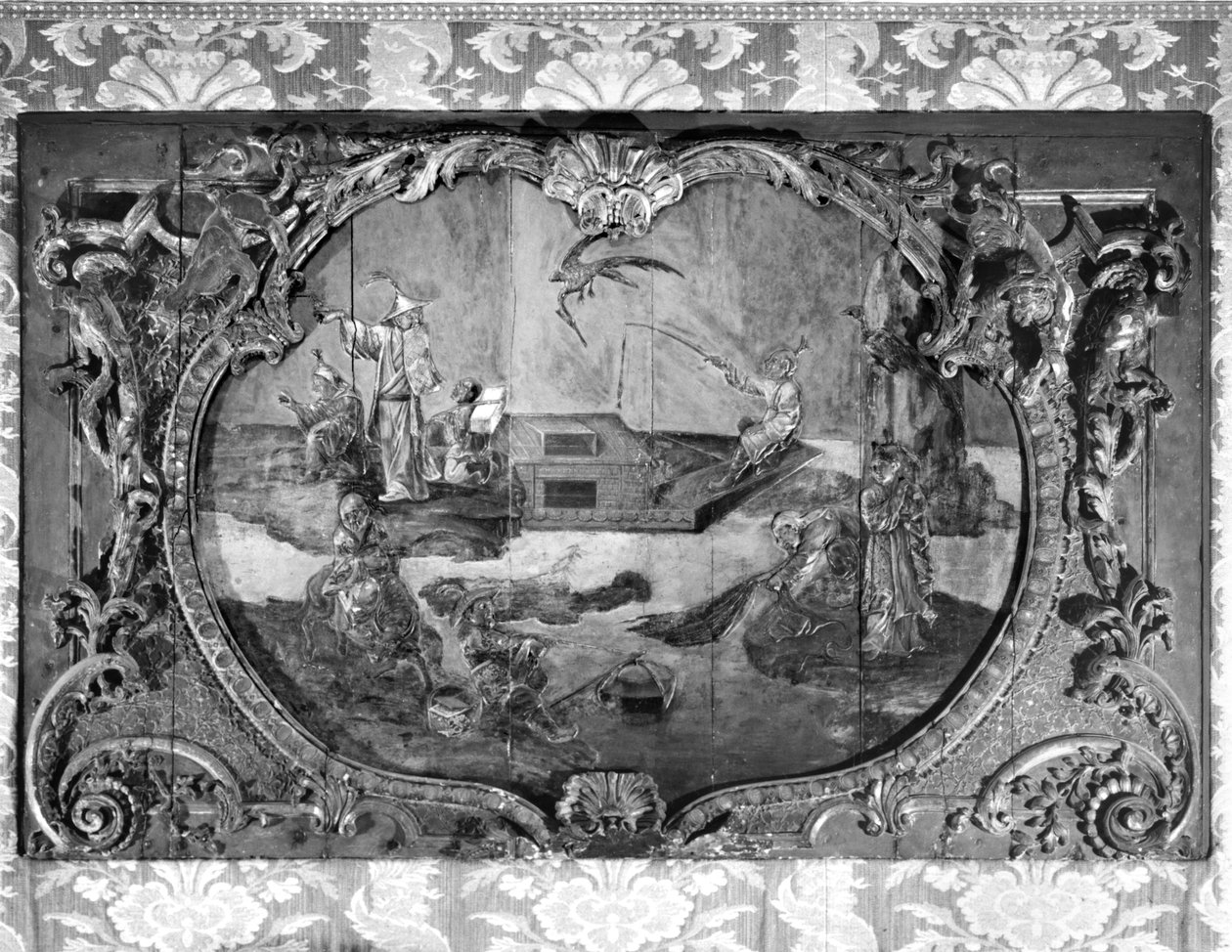 Overdørspanel med kinesisk emne, ca. 1730 (polykrom & forgyldt træ) af French School