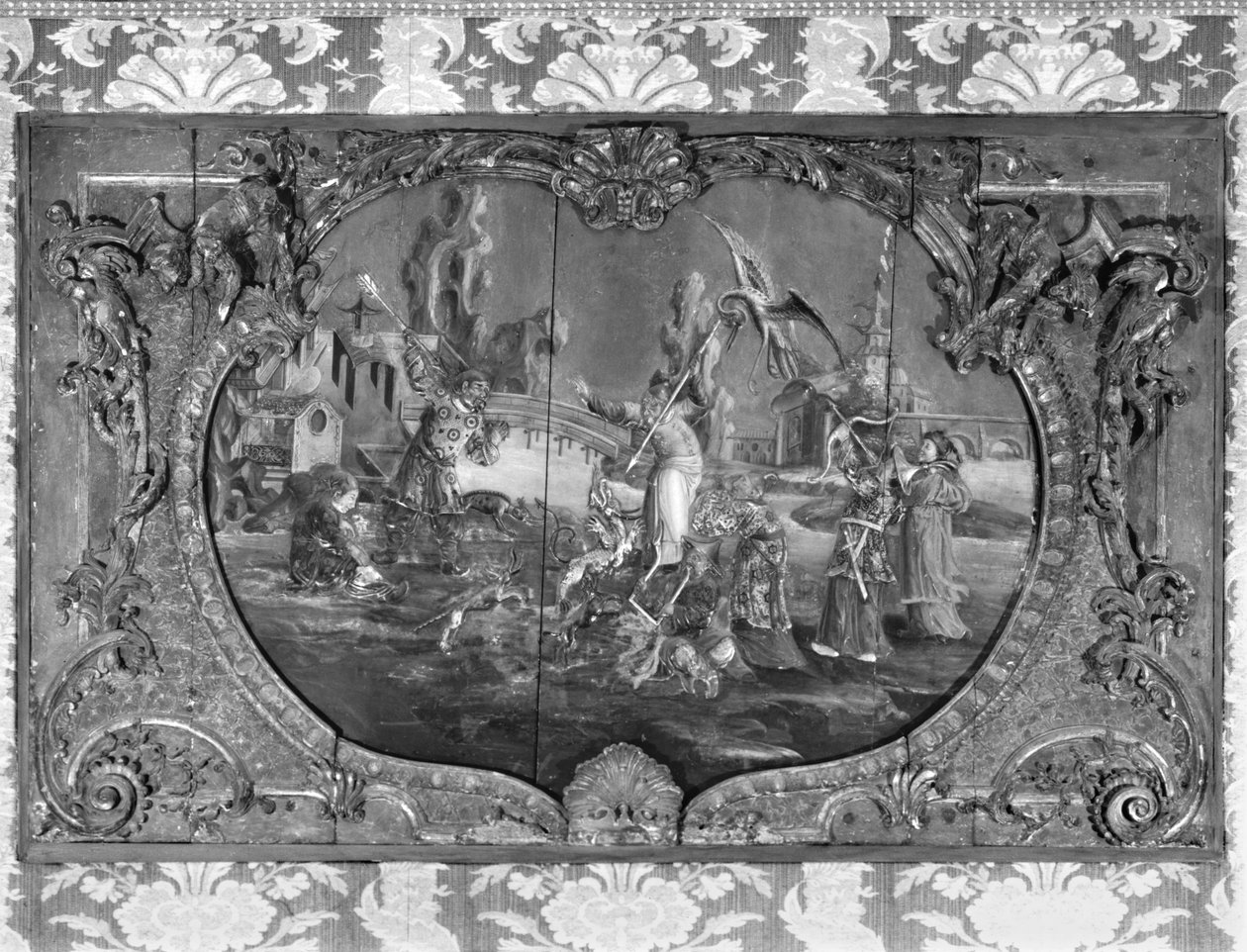 Overdørspanel med kinesisk emne, ca. 1730 (polykrom & forgyldt træ) af French School