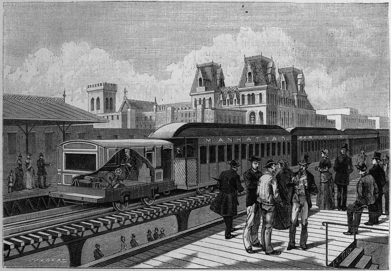 Oversigt over Elevated Railroad station og elektriske tog i New York, USA. Indgravering i "" La Nature. Revue des sciences et de ses applications aux arts et a l
