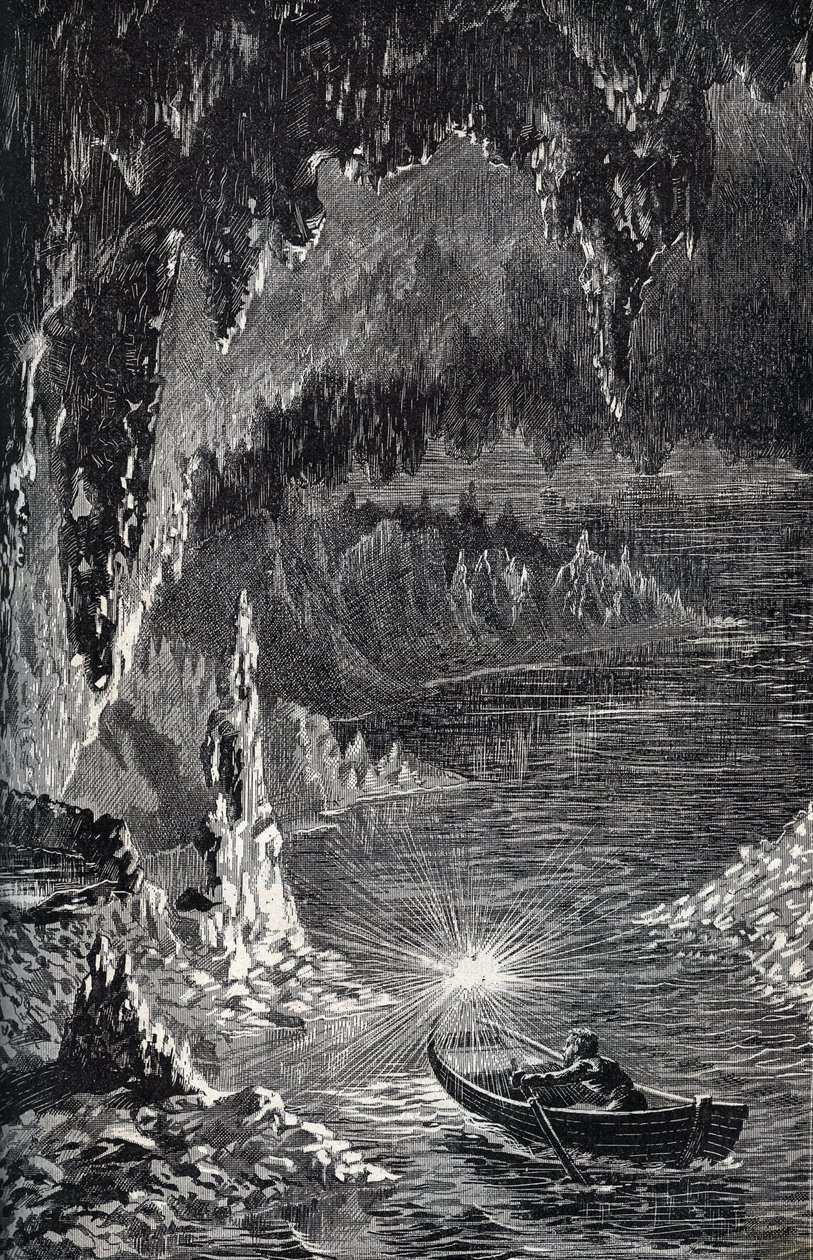 Padirac-hulen i Lot-afdelingen, i Frankrig - Underjordisk flod - Gouffre de Padirac - i Lot i Frankrig - indgravering i "" PATRIE" - PIKET BESKRIVELSE AF FRANKRIG I 6 BIND AF LUCIEN HUARD - slutningen af ​​1800-tallet af French School