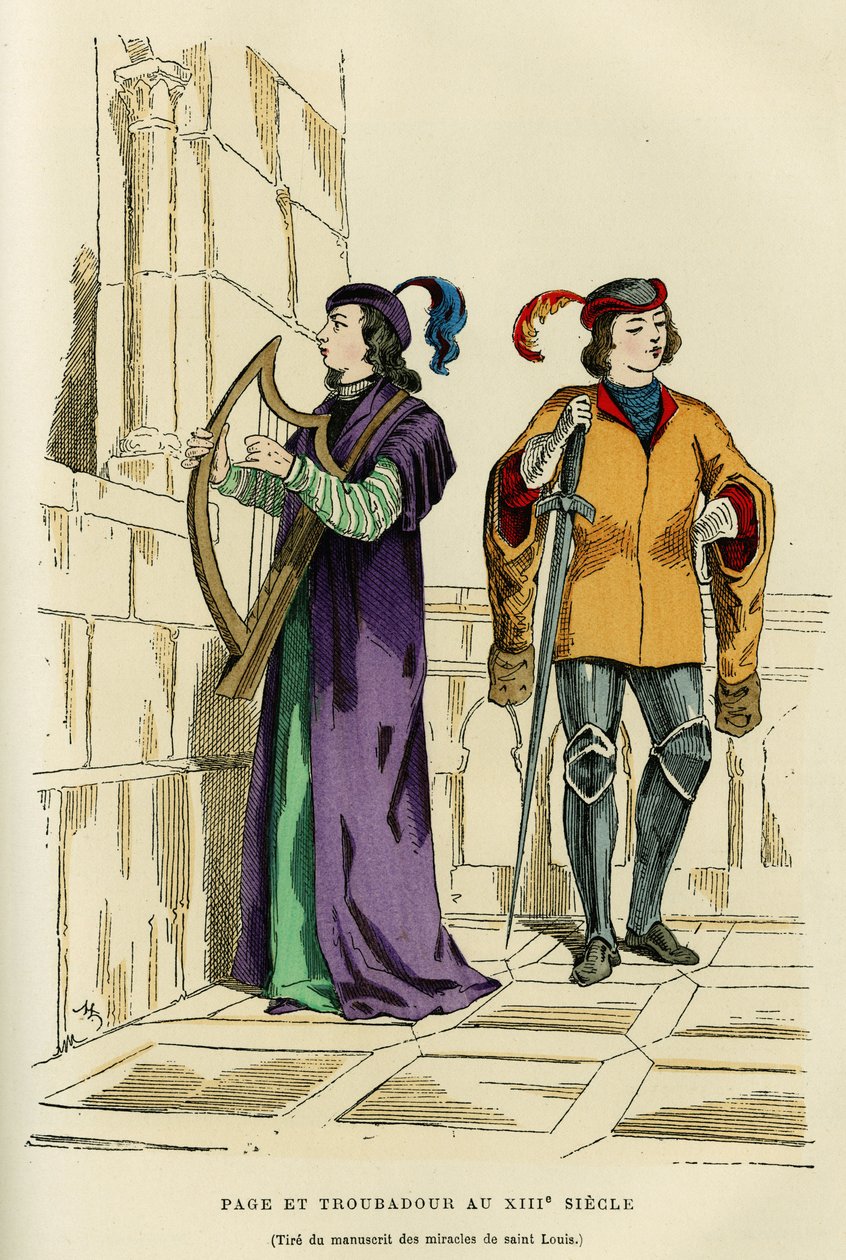 Sidedragter og troubadour i 1200-tallet. Farvegravering efter en tegning af manuskriptet til Saint Louis mirakler (Louis IX 1214-1270), i "France et les francais à travers les centuries" af Augustin Challamel, F.Roy redaktør, Paris 1882. S af French School