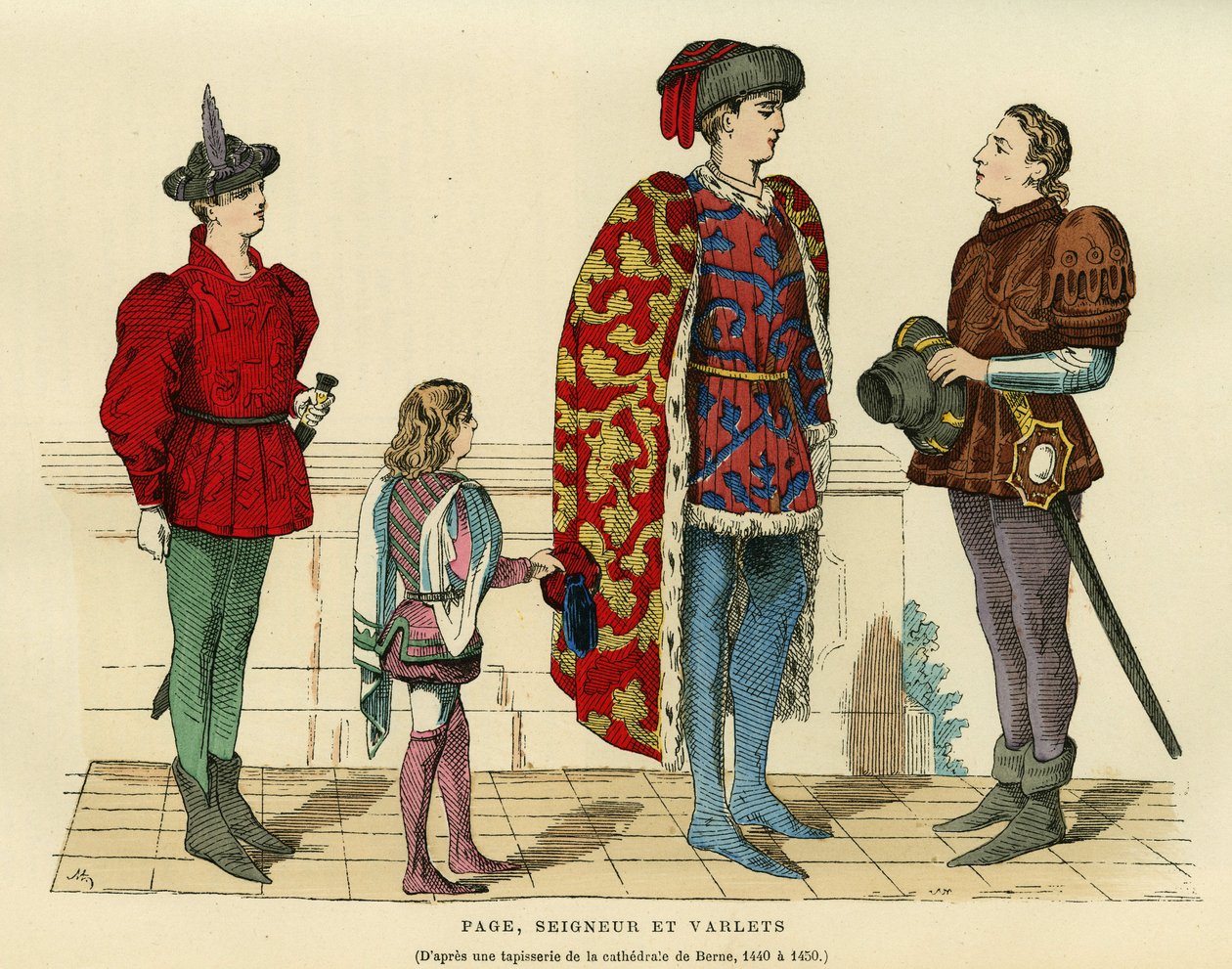 Sidedragter, herre og varlet i det 15. århundrede,. Indgravering i farver efter et gobelin af katedralen i Bern 1440-1450, i "France et les francais a travers les centuries" af Augustin Challamel, F.Roy redaktør, Paris 1882. Selva Collection. af French School