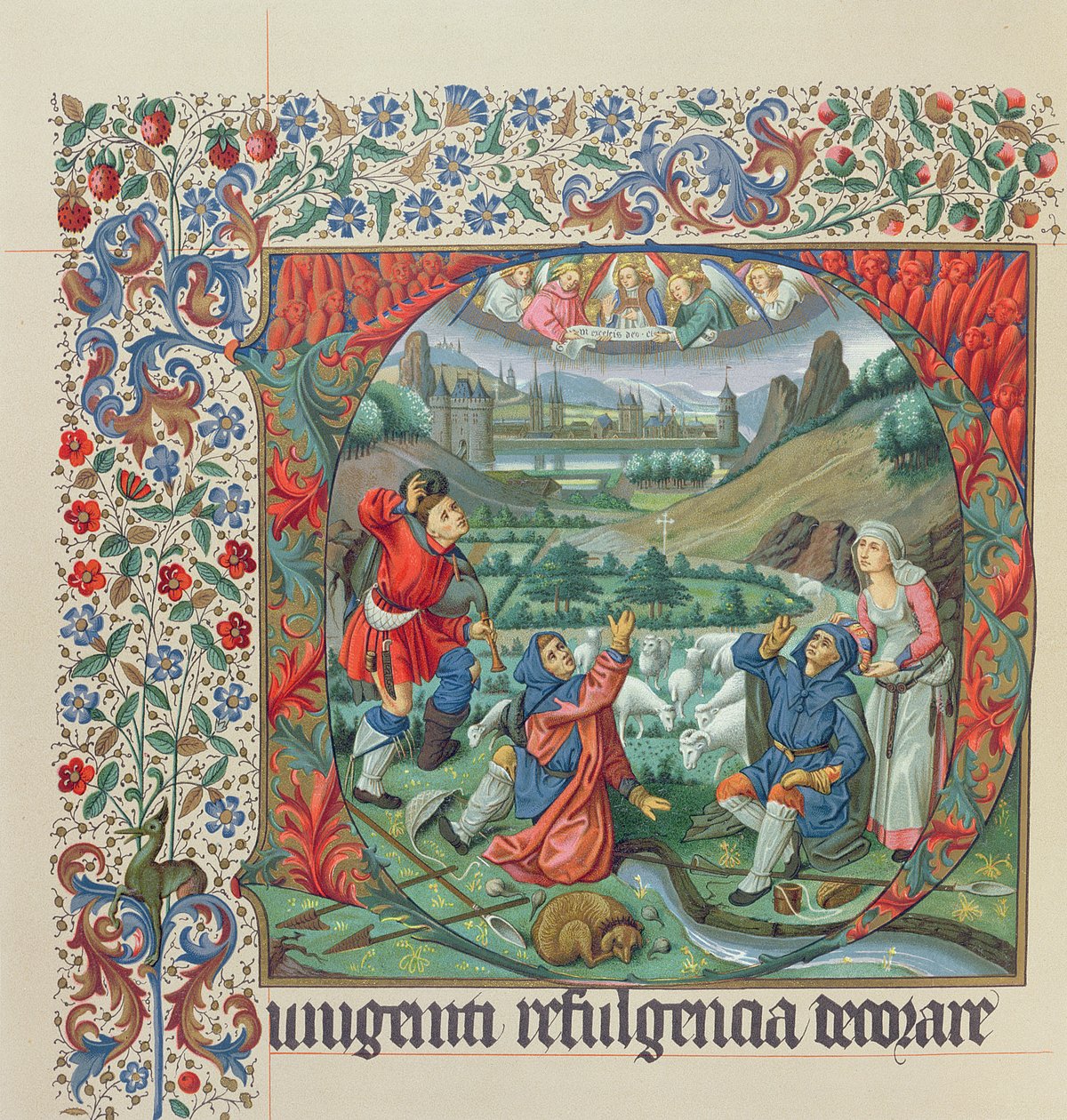 Side fra en faksimileudgave af Missel de Jouvenel des Ursins med en historisk initial og udsigt over Paris og Seinen i det 15. århundrede af French School