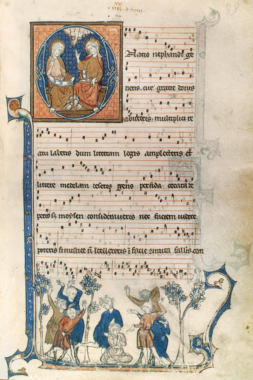 Side fra et manuskript til en parisisk sangerinde med illustrationer af den hellige treenighed og spillet Blind Mans Bluff, ca. 1280-1315 af French School