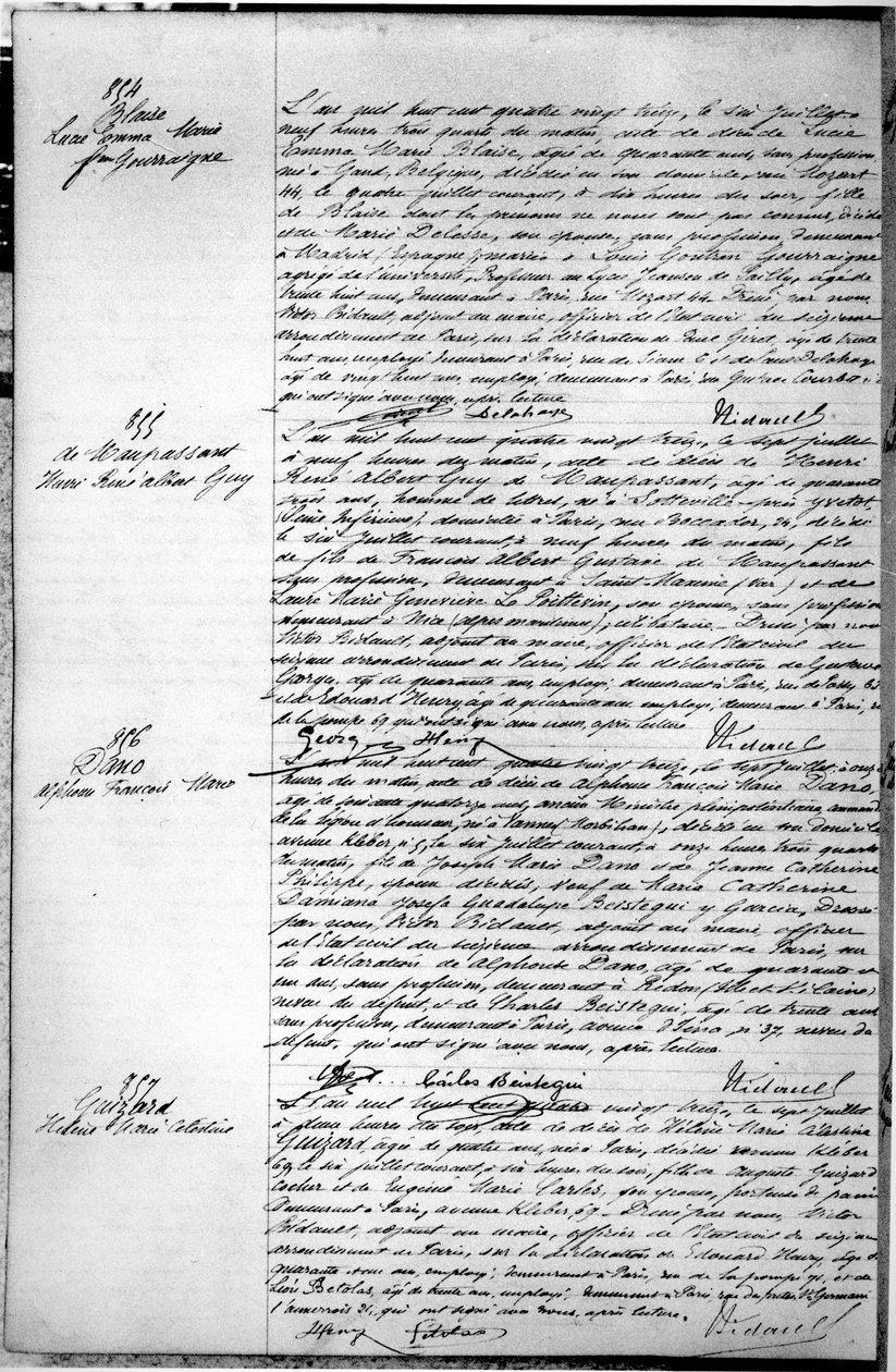 Side med Guy de Maupassants (1850-93) dødsattest 7. juli 1893 (pen og blæk på papir) (se 199748 for detaljer) af French School