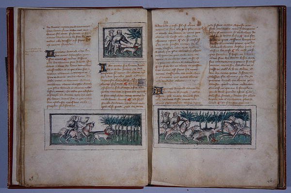 Side 57 og 58, fra Le Livre du Roy Modus et de la Royne Racio, af Henri de Ferrieres, ca. 1420 (pen & blæk og wc på papir) af French School