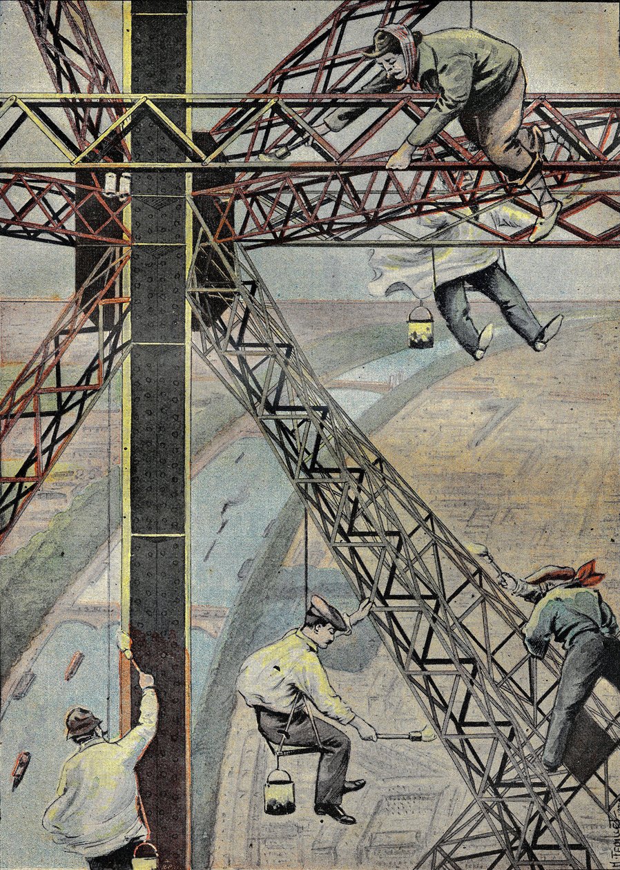 Malere på arbejde, ophængt 200 meter over Paris, for at male Eiffeltårnet i 1899. Indgravering i "" Le Pelerin"" 16/07/1899. af French School