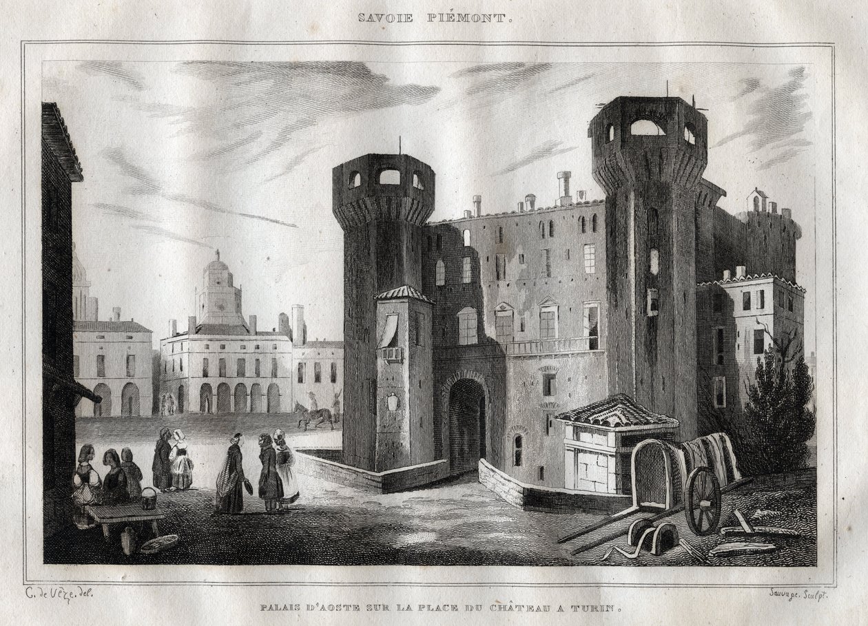 Paladset i Aosta på Place du Chateau i Torino - Indgravering fra "" Italy Picturesque"" - Historisk og beskrivende maleri af Italien" af M. de Norvins, Ch. Nodier 1834-1836. af French School