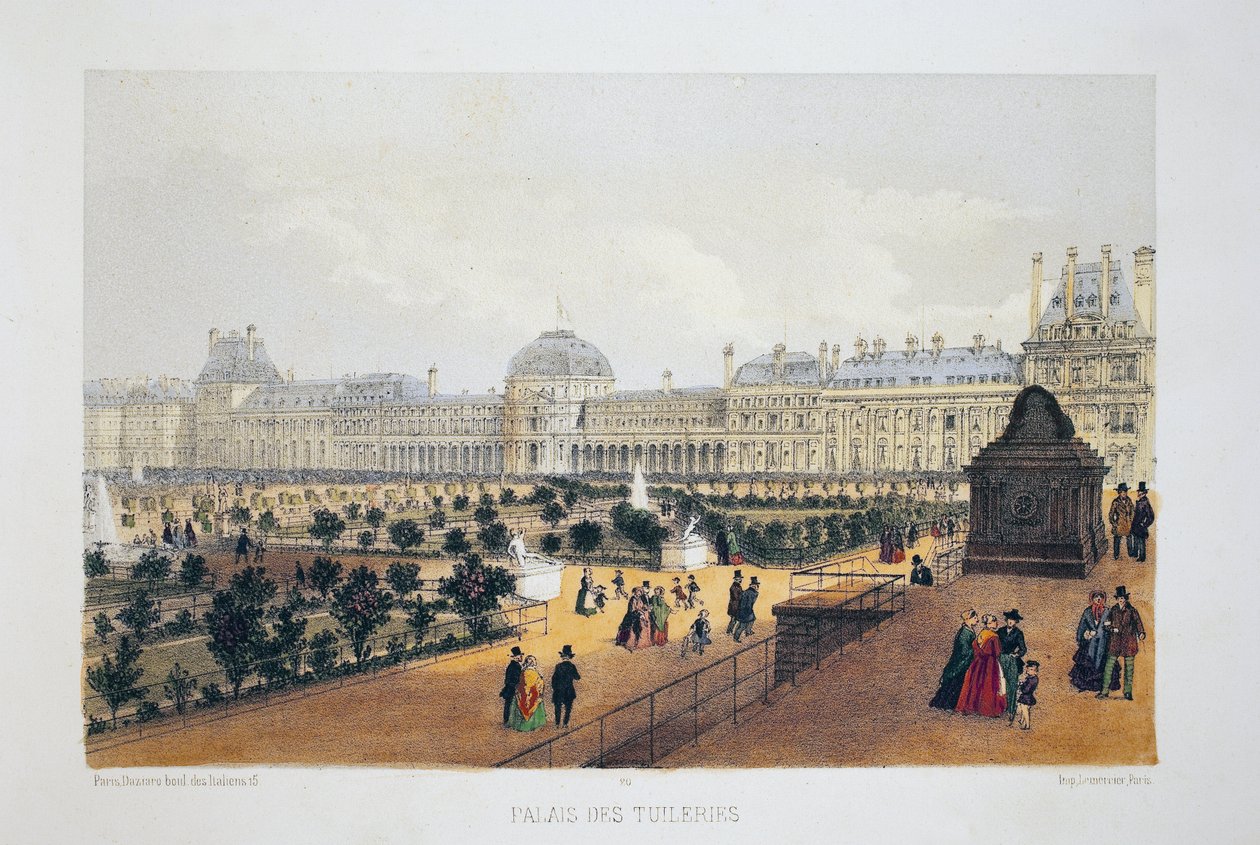 Tuileries Palace, Paris. Akvarellitografi, illustration i "Album, souvenirs de Paris", Daziaro-redaktør, Paris af French School