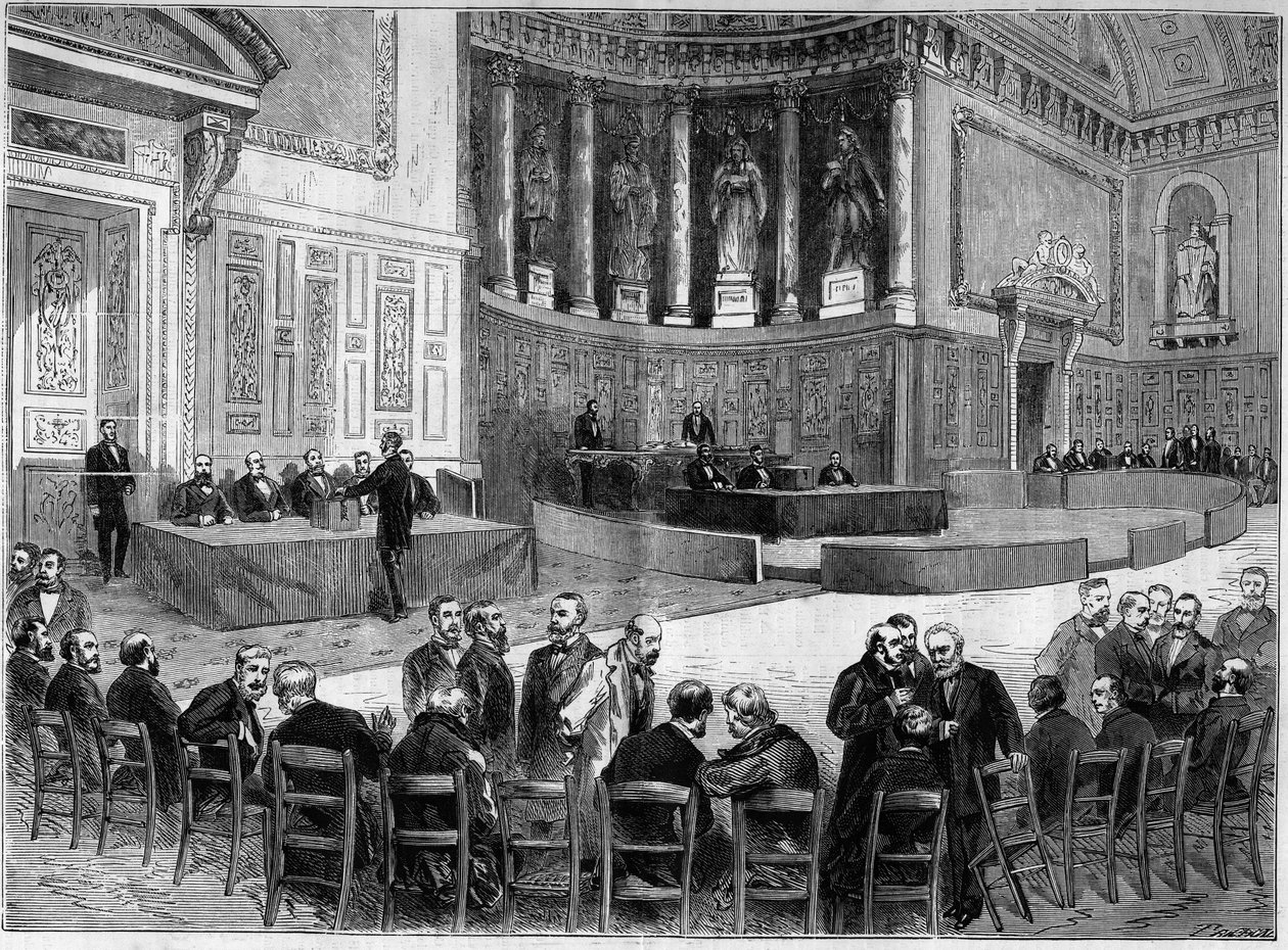 Palais du Luxembourg i Paris: valg den 30. januar til valg af senatorer fra departementet Seinen. Stående genkendes stolen i den ene hånd som Victor Hugo (1802-1885), politiker. Gravering i "" L