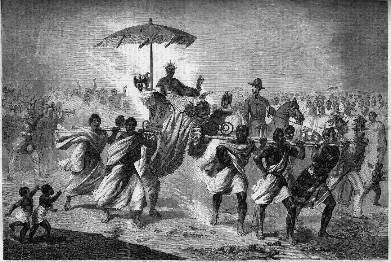 Palanquin Walk of the Queen of Madagascar Raboude (Rasoherina) (1818-1868), kone til Radama II. Indgravering i "" Le Monde Illustré"" nr. 303 af 31. januar af French School