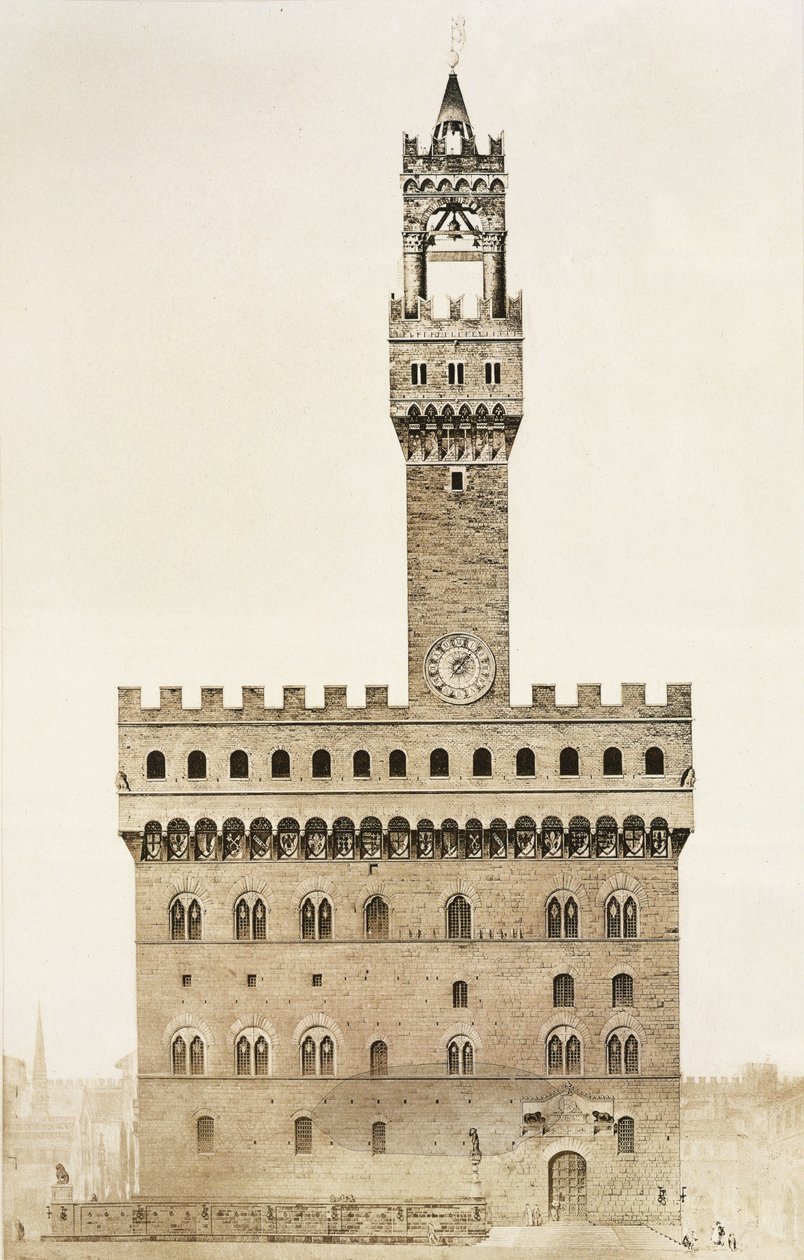 Palazzo Vecchio, eller Palazzo della Signoria, Firenze, fra Fragments dArchitecture du Moyen Age et de la Renaissance, indgraveret af Jules Adolphe Chauvet (f.1828) af French School