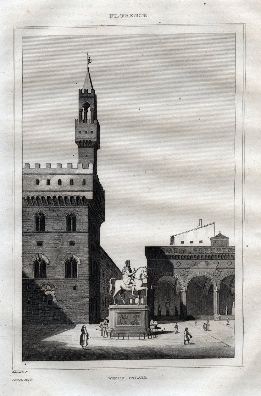 Palazzo vecchio i Firenze - Piazza della Signoria - Gravering fra "" Det maleriske Italien" - Historisk og beskrivende maleri af Italien" af M. de Norvins, Ch. Nodier 1834-1836. af French School