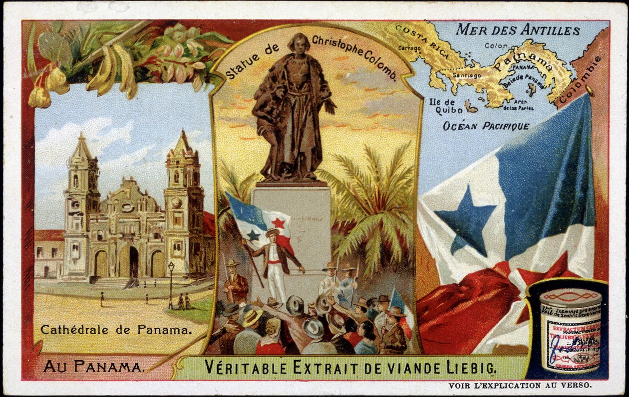 Panama: katedralen, statuen af Columbus, flaget - chromo. af French School