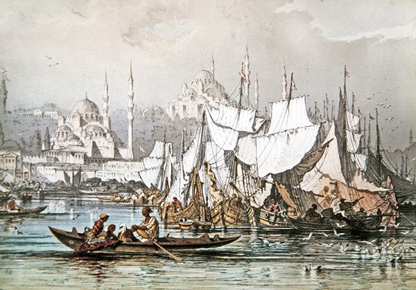 Panorama over skibsfarten i havnen i Konstantinopel med Den Blå Moské og Hagia Sophia af French School