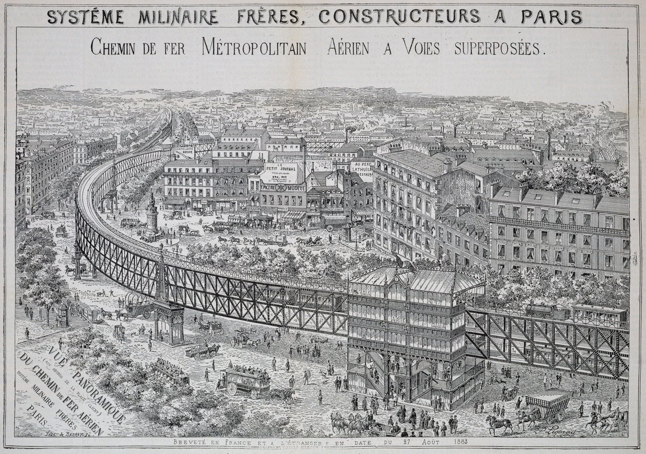 Panoramaudsigt over den overjordiske metro i Paris, illustration fra Le Metropolitain, maj 1885 af French School