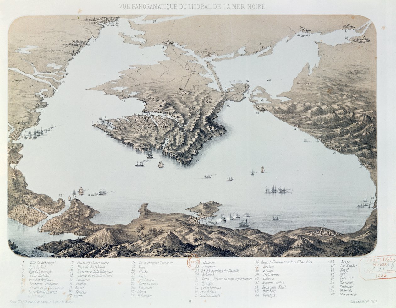 Panoramaudsigt og plan over Sevastopol og Sortehavskysten på tidspunktet for Krimkrigen, 1855 af French School