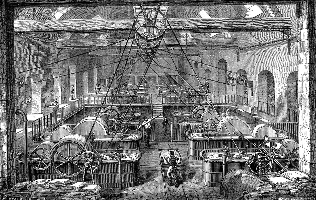 Paperiteollisuus: paperimassan jalostus- ja valkaisupaja. Kaiverrus 1867 af French School