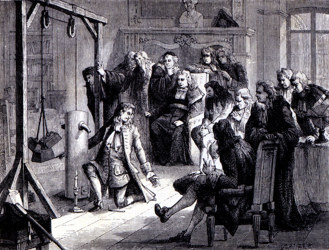Papin (1647 - 1714) eksperimenterer med sin pulvermaskine foran professorerne ved universitetet i Marburg - i "Album of Science; berømte videnskabsmænd; Store opdagelser””” 1896. af French School
