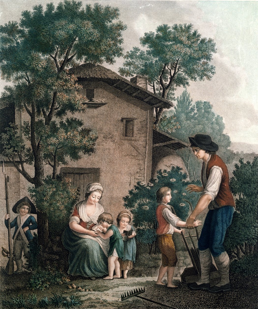 Forældre er de rigtige lærere, slutningen af det 18. århundrede (farvegravering) af French School