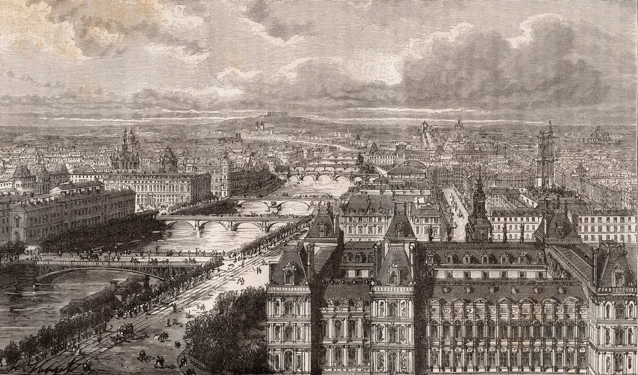 Paris - Seinen - Broerne - udsigt taget fra Saint-Gervais tårnet - indgravering i "La France illustrée: geografi, historie, statistisk administration" af V.-A. Malt brun. 1884 af French School