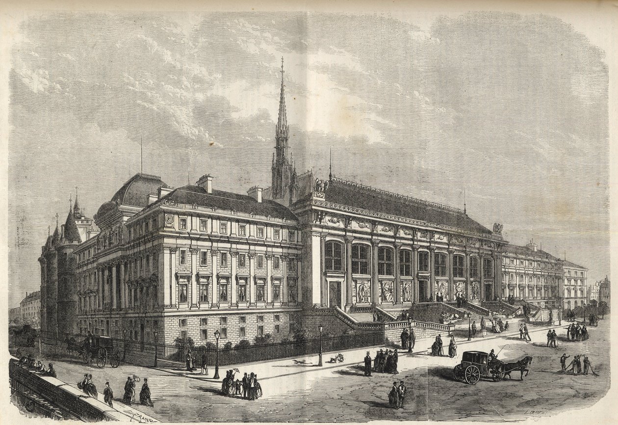 Paris - ny facade af retsbygningen, bygget af Joseph-Louis Duc (1802-1879) - (vestfacade, på Rue de Harlay) gravering af 1869 af French School