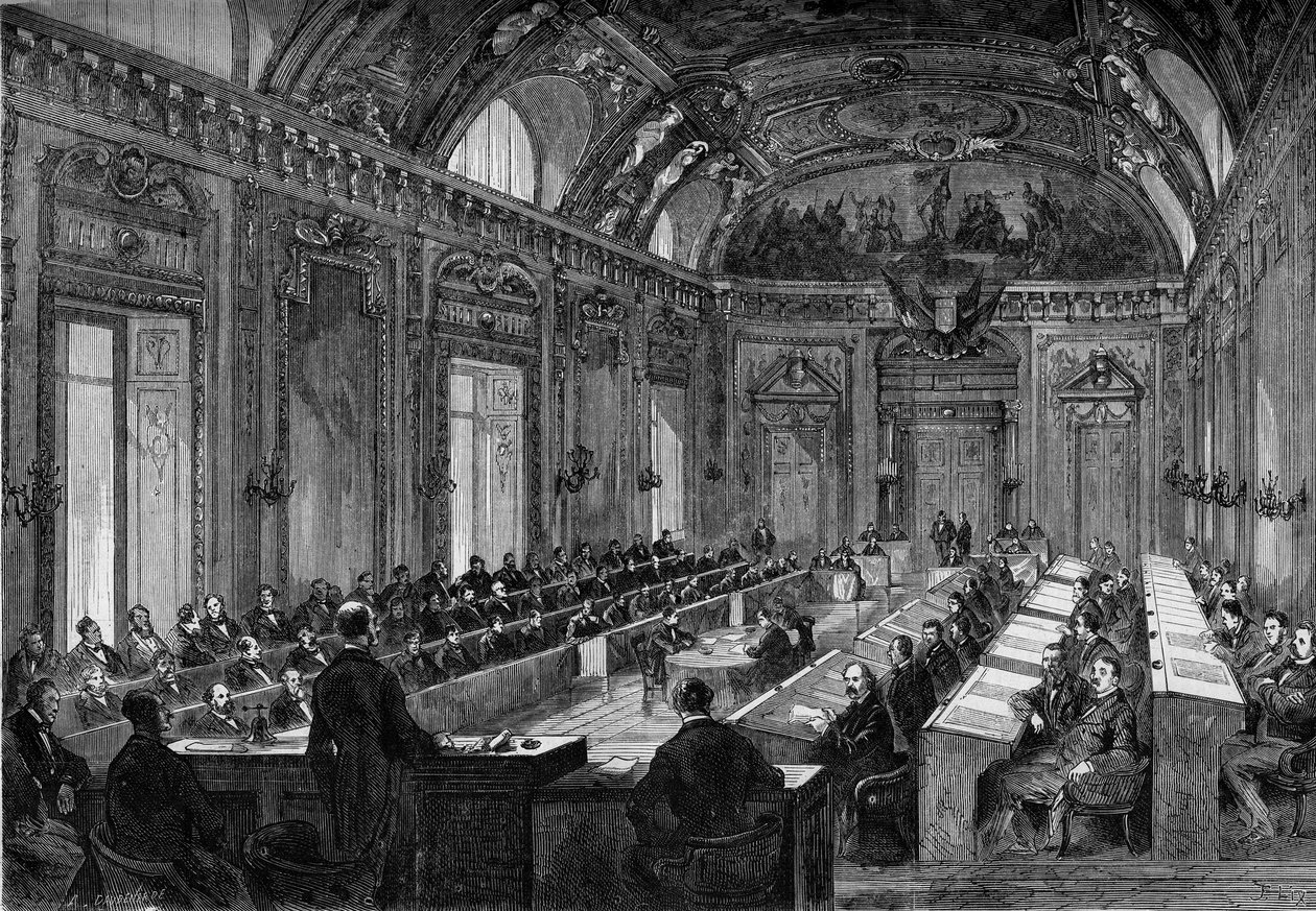Paris, 4. august 1871: første møde i kommunalbestyrelsen i tronsalen i Palais du Luxembourg. Indgravering i "" Le Monde Illustré"" nr. 748 af 12. august 1871. af French School