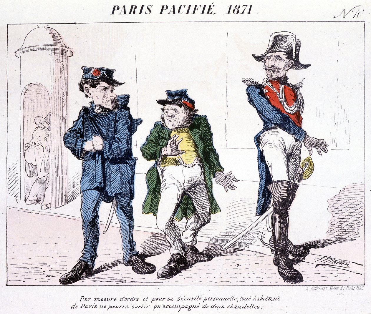 Paris Pacificeret 1871 - Som en foranstaltning for orden og personlig sikkerhed kan enhver indbygger i Paris kun gå ud med to stearinlys. Tegnefilm om kommunen. af French School