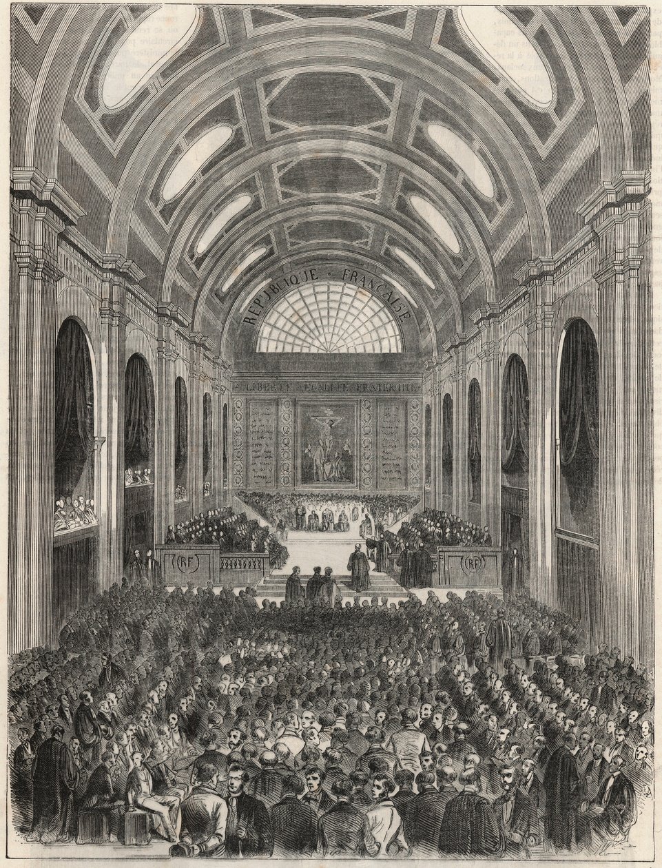 Paris, Palais de Justice - Salle des Pas Perdus under en officiel ceremoni - Indgravering i "Tableau-de-Paris"" af Edmond Texier 1852 af French School