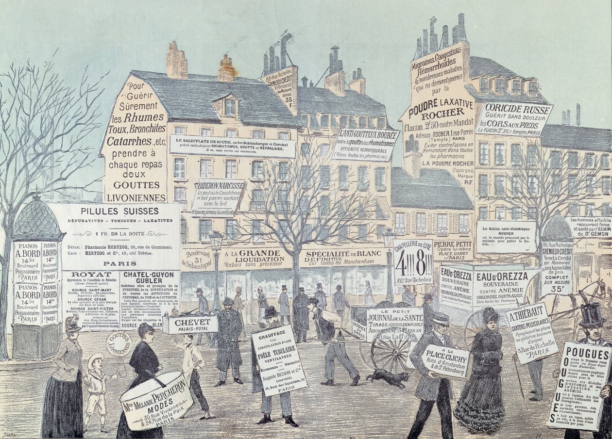 Paris Street Scene med mange reklamer, hovedsageligt for medicin, 1885 (farvegravering) af French School