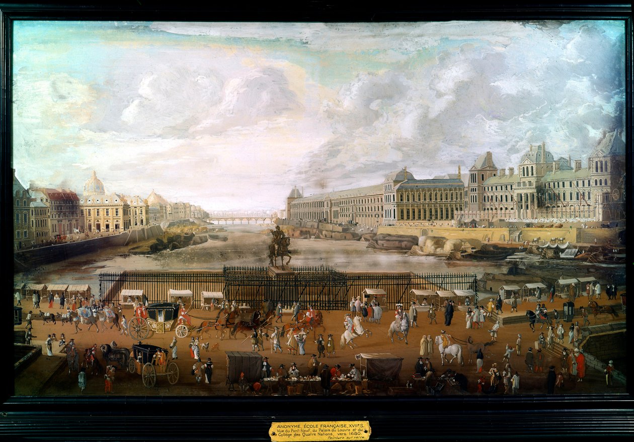 Paris, udsigt over Pont-neuf (Pont Neuf), Palais du Louvre og College of Four Nations omkring 1680 (olie på lærred) af French School