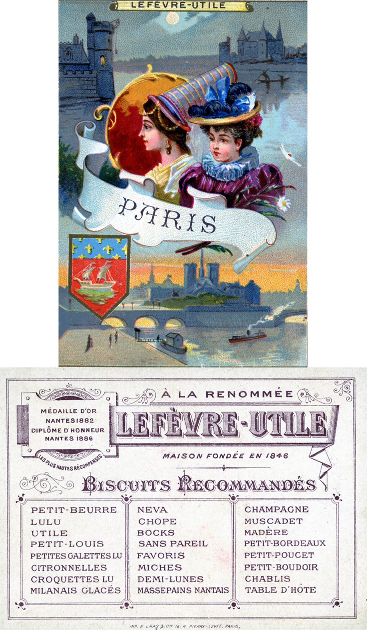 Paris, for- og bagside af et salgsfremmende kort til Lefèvre-Utile (LU) kiks, slutningen af det 19. århundrede af French School