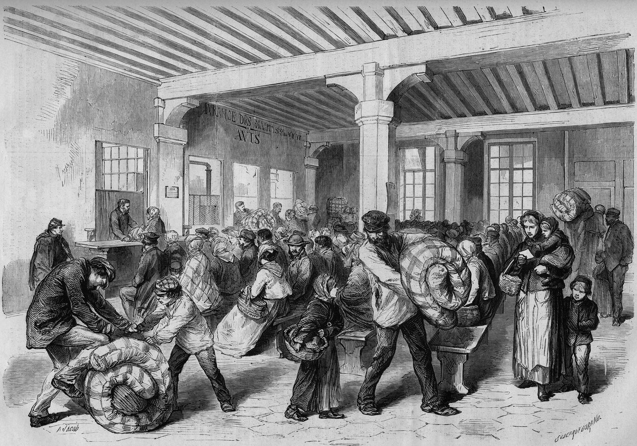 Paris, vinter 1868: fri rydning af tøj og sengetøj på Mont de Piete (Mont-de-Piete) takket være den økonomiske bistand fra kejser Napoleon III. Indgravering i ""Le Monde Illustre"" nr. 563 af 25. januar 1868. af French School