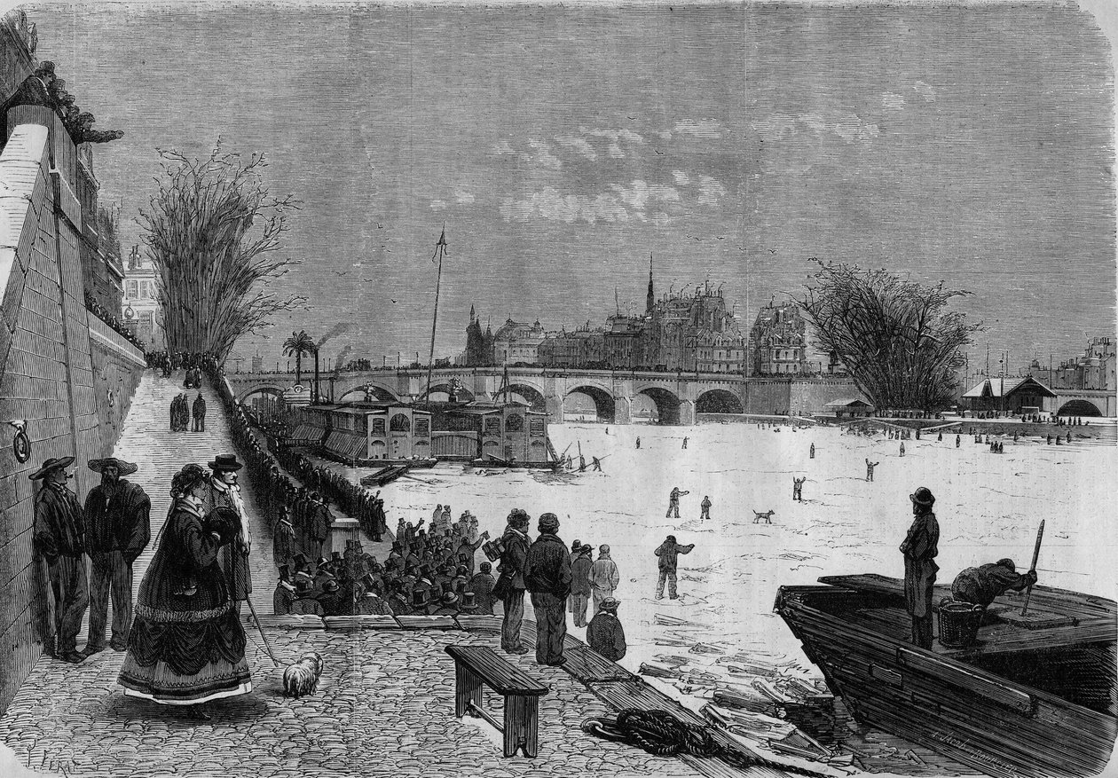 Paris, vinter 1868: den frosne Seine. Udsigt over floden fra højden af ​​Pont Neuf. Indgravering i ""Le Monde Illustre"" nr. 561 af 11. januar 1868. af French School