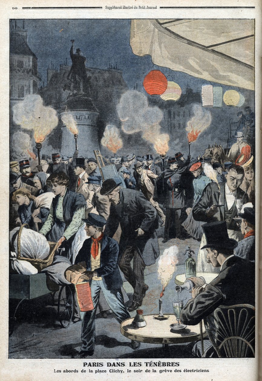 Paris i mørke - Omgivelserne på Clichy-stedet, aftenen for elektrikernes strejke - ”Le petit Journal””, marts 1907 (gravering) af French School