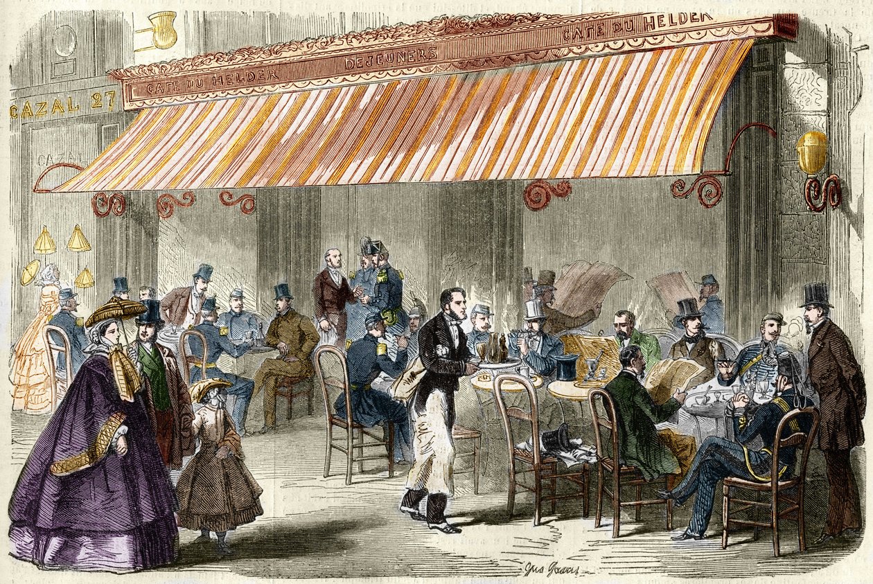 Paris i det 19. århundrede. Boulevard des Italians i 1859: udenfor cafeen Helder klokken fem om aftenen. af French School