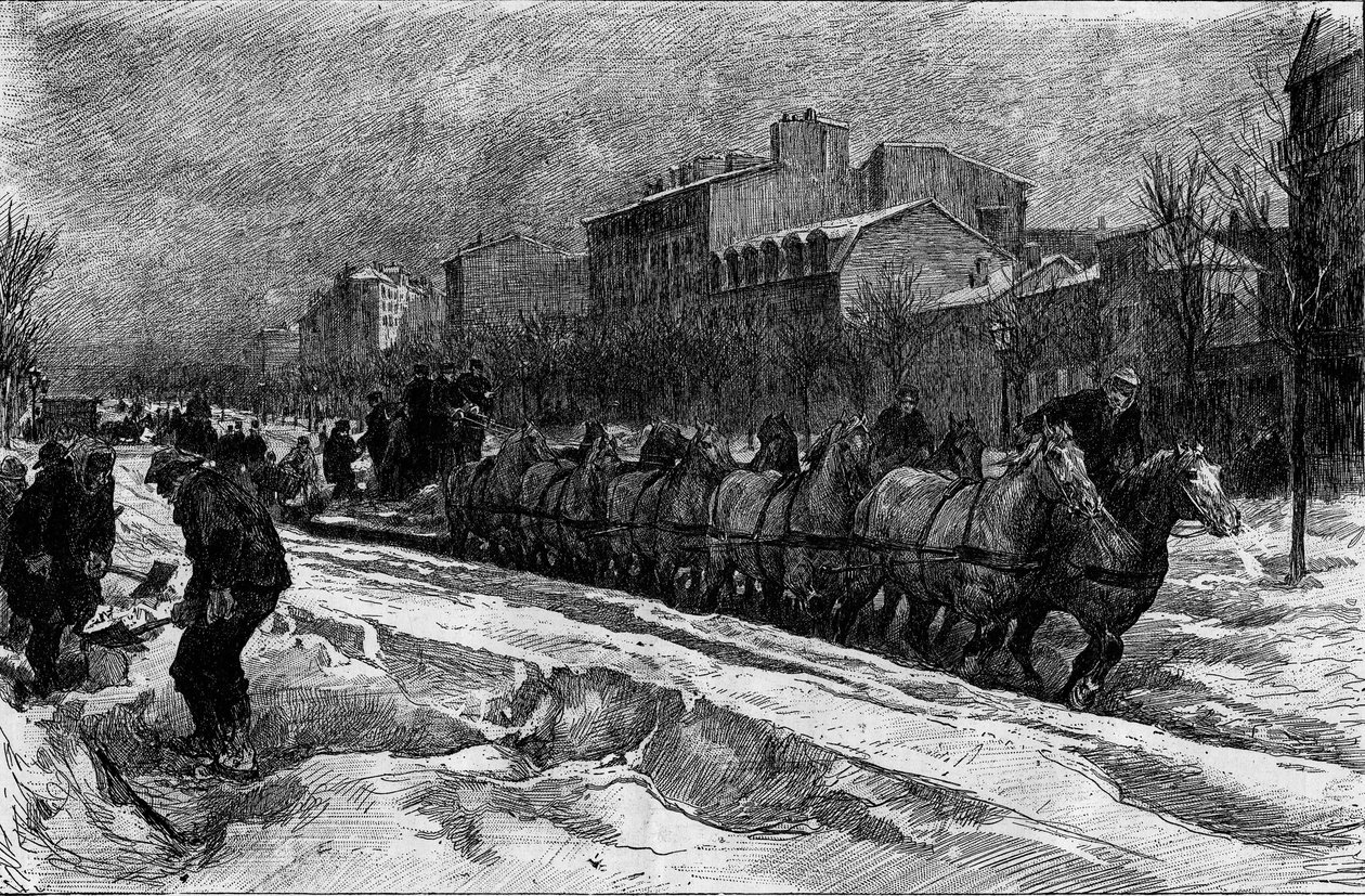 Paris under sneen, vinteren 1879-1880: isploven (snejagten) på Boulevard Montparnasse. Indgravering i "" Le Monde Illustré"" nr. 1188 af 3. januar af French School