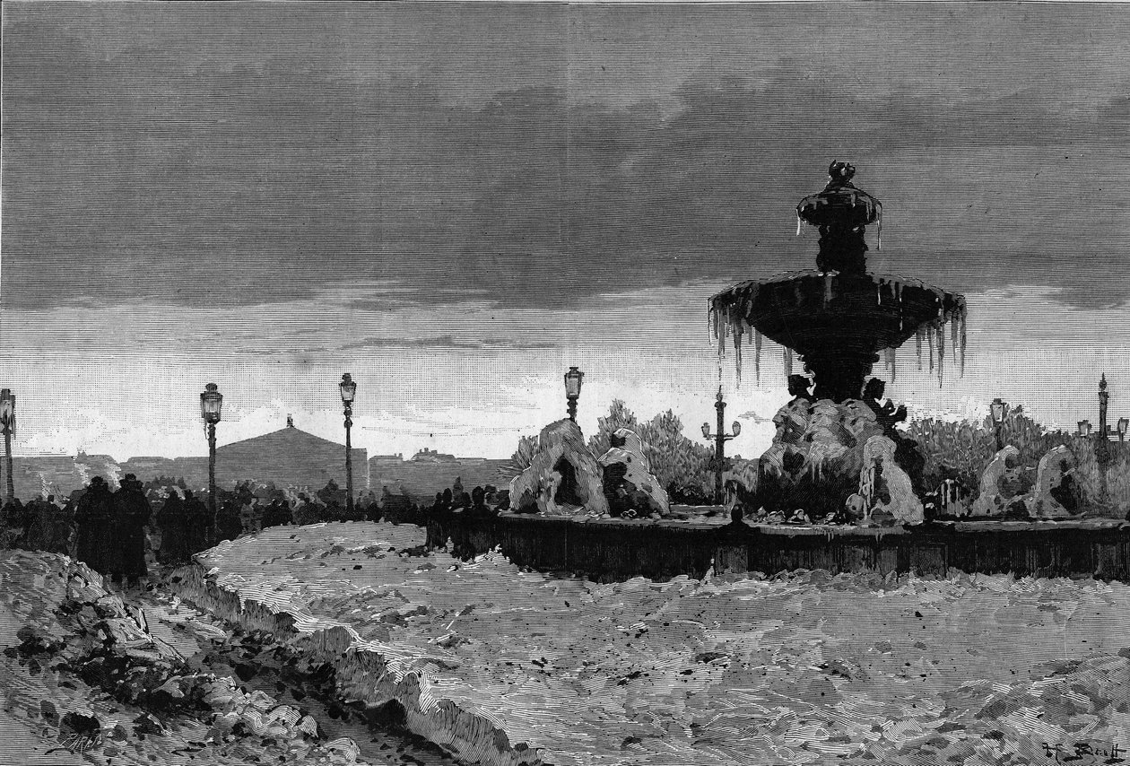 Paris under sneen, vinter 1879-1880: udsigt over en af springvandene på Place de la Concorde under frosten. Indgravering af Scott i ""The Illustrous World"" nr. 1188 af 3. januar af French School