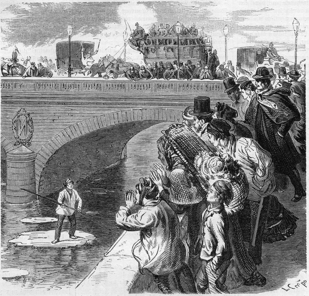 Paris, vinteren 1870: et barn klatrer på en glacon på vej mod Seinen, fra Bercy-broen til Passy-viadukten. Indgravering i "" Le Monde Illustré"" nr. 672 af 26. februar 1870. af French School