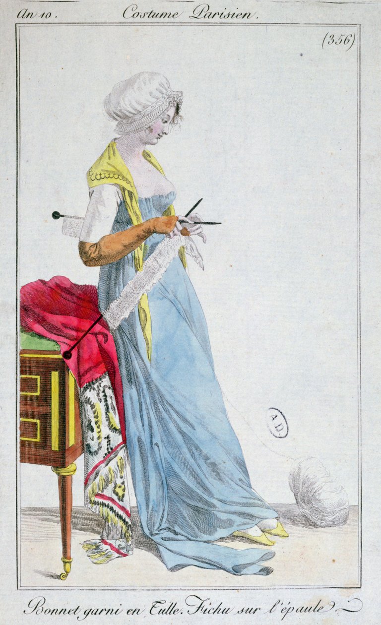 Parisisk kostume: motorhjelm trimmet med tyl, fichu på skuldrene, 1802 af French School