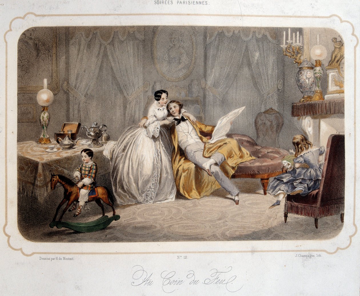 Parisiske aftener: "by the fire" Et borgerligt par og børn på en træhest i et interiør. Litografi fra det 19. århundredes Paris. Dekorativ kunst af French School
