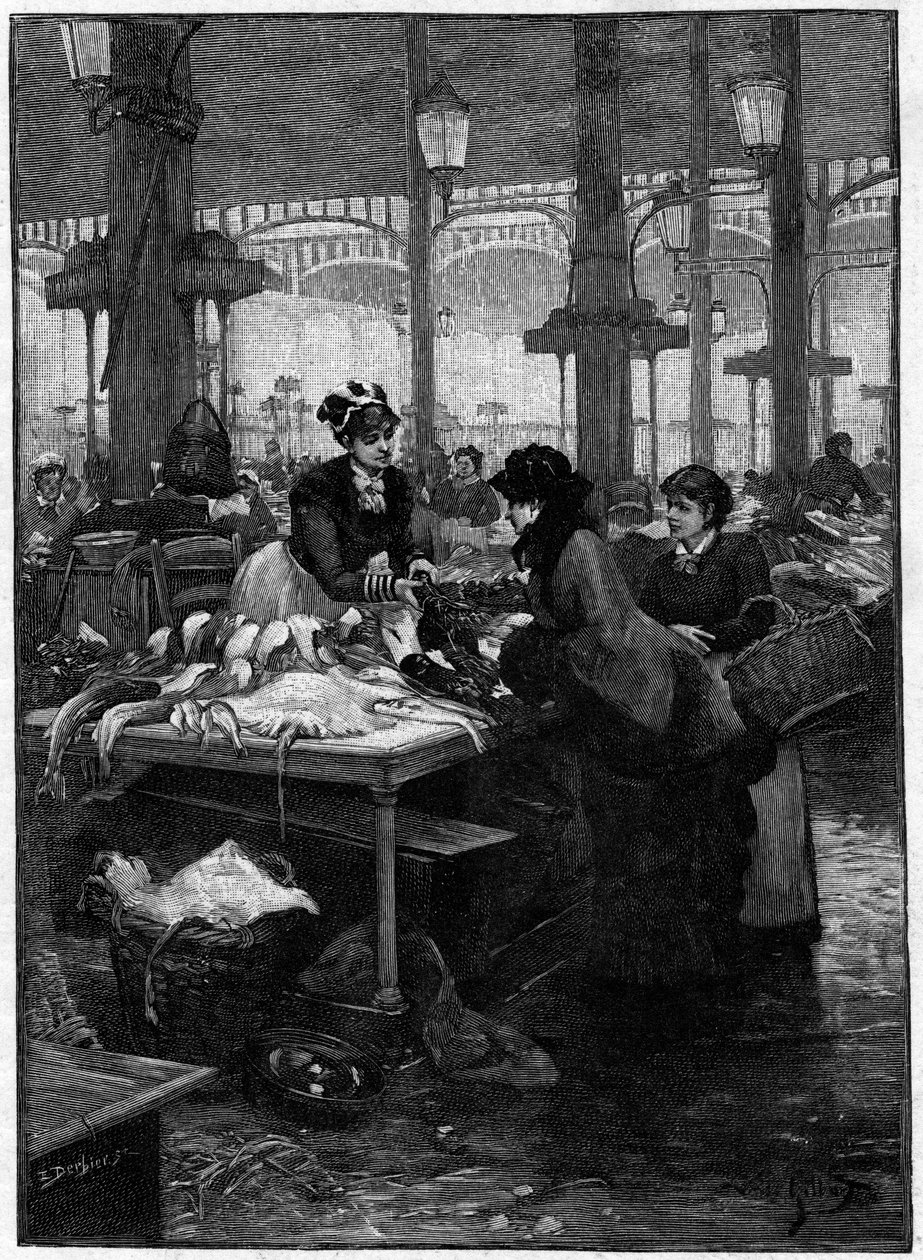 Parisisk scene i det 19. århundrede: en fiskehandler og en kunde i Halles centrum. Derbiergravering fra Gilberts maleri. Slutningen af det 19. århundrede. I "" Verdens hovedstæder: Paris""". af French School
