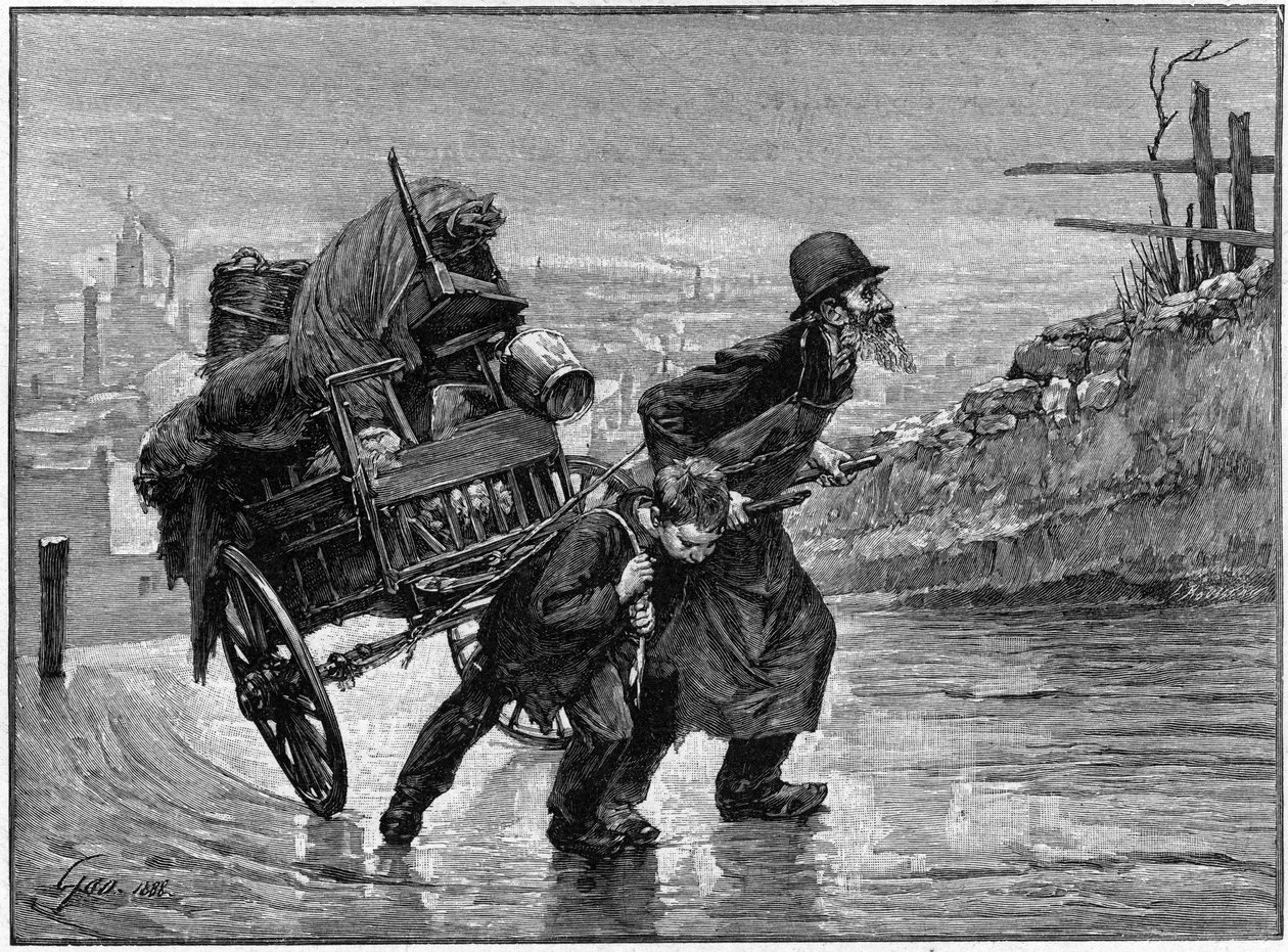 Parisisk scene i det 19. århundrede: en gammel mand og et barn, der trækker deres vogn ned ad gaden. Stik af Rousseau efter Geoffroys maleri af French School