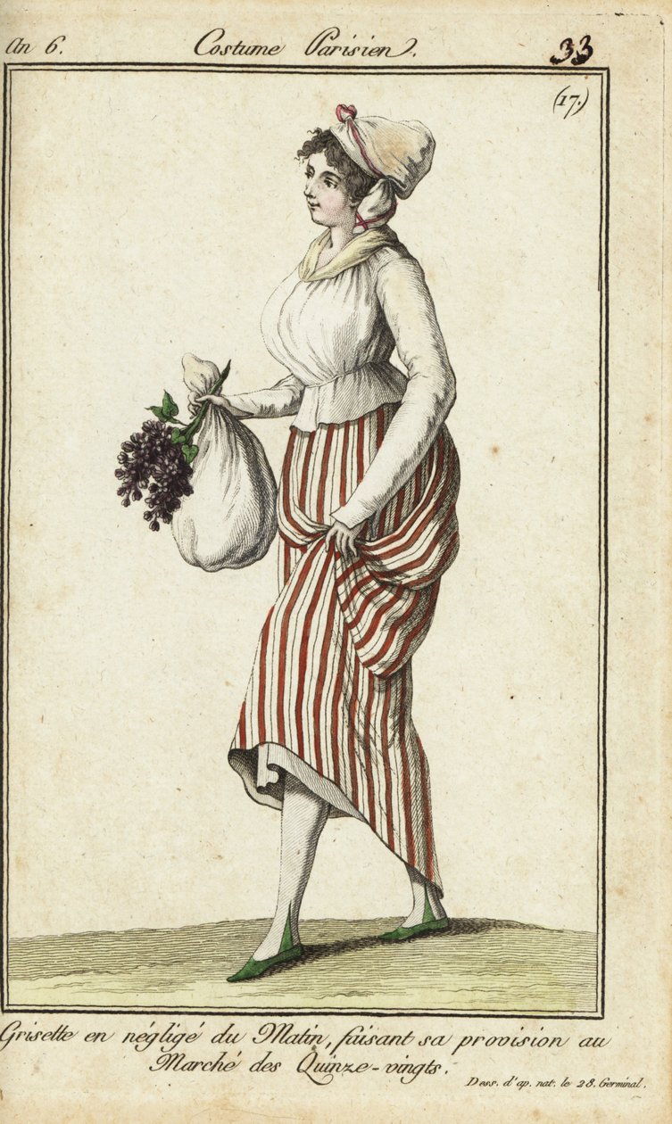 Parisisk butikspige i afslappet morgenkjole, 26. marts 1798 (håndfarvet kobberstik) af French School