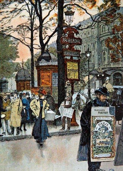 Parisisk gadebillede nær metrostationen Palais-Royal, ca. 1900 (farve litho) af French School