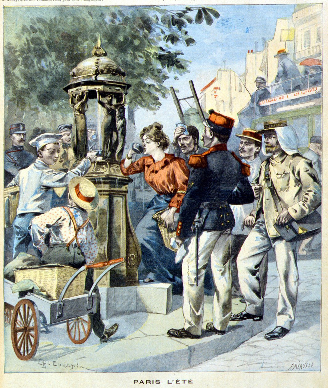 Parisere drikker omkring en Wallace-fontæne - i "Le Petit Journal" af 19/08/1900 (gravering) af French School